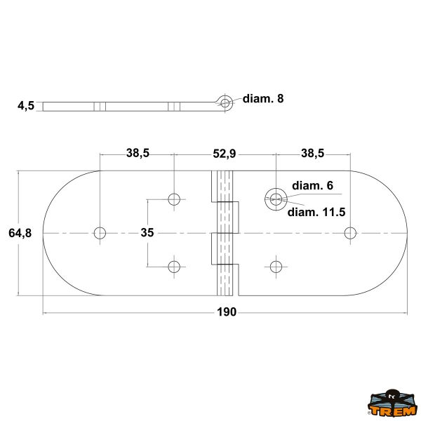 Cerniere inox AISI 316  190x65 mm con prigionieri