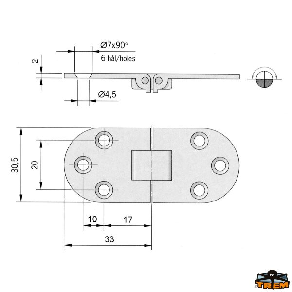 Cerniera a ribalta in ottone 66x31 mm