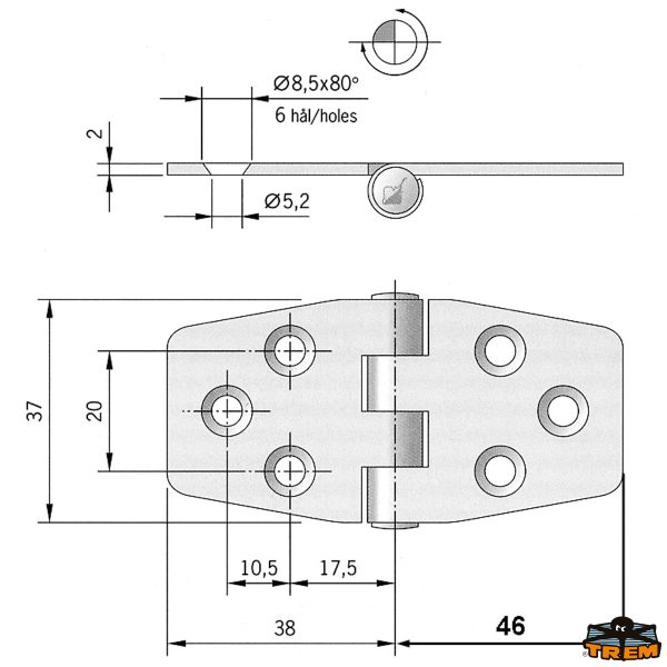 Cerniere inox AISI 316 84x37 mm